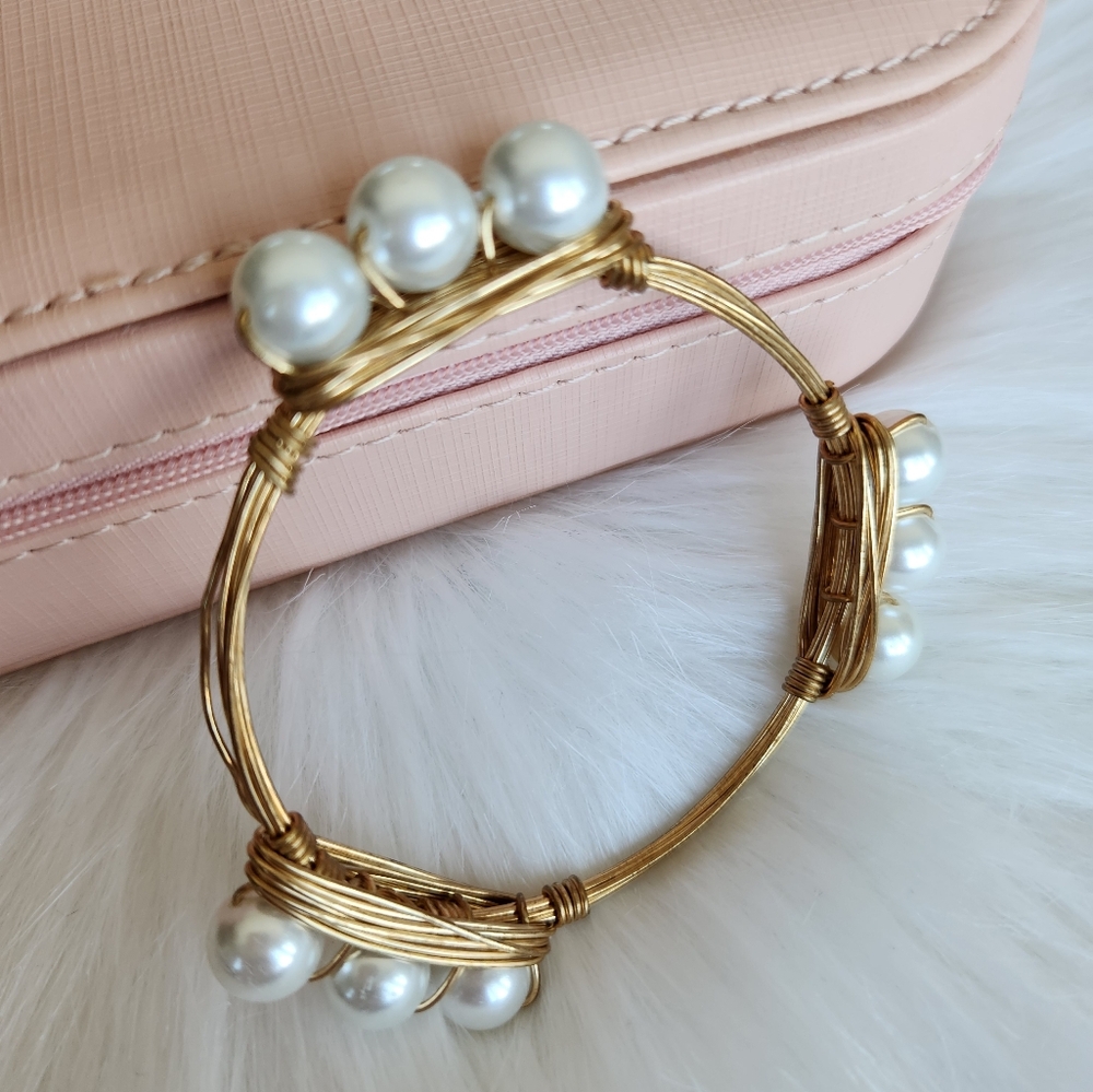 Gold wire wrapped pearl bangle bracelet